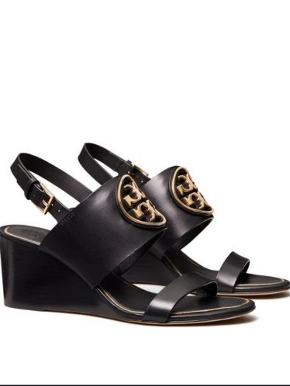 Tory Burch Metal Miller Wedge Heel Sandals Black/Gold Size 8